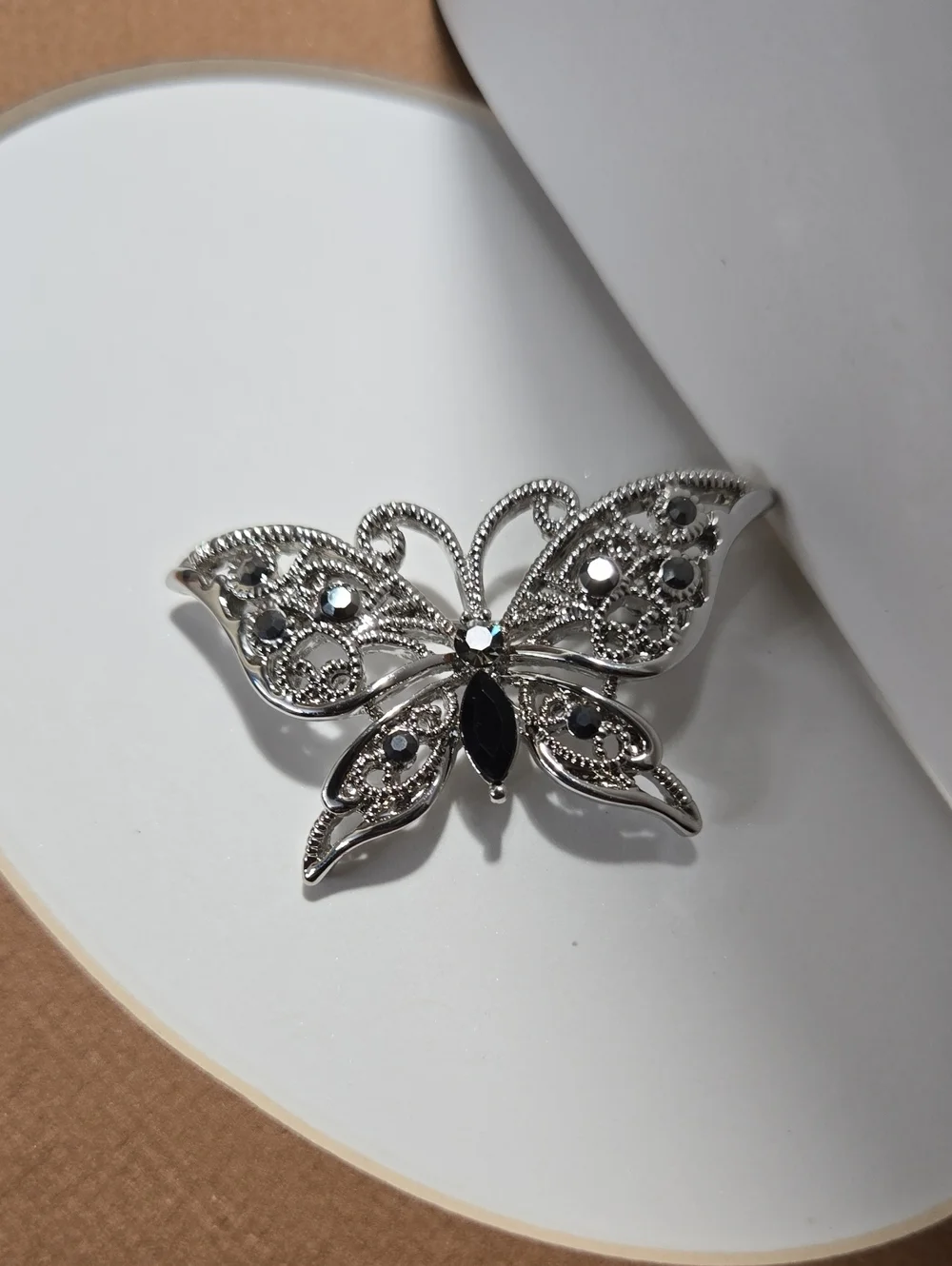Vintage Silver Tone Butterfly Brooch with Black Stones